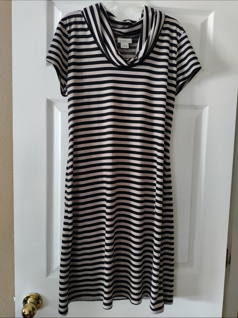 Liz Claiborne Black and Beige Striped Cowl Neck Midi Dress